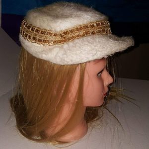 Vintage White Faux Fur hat with gold accents antique